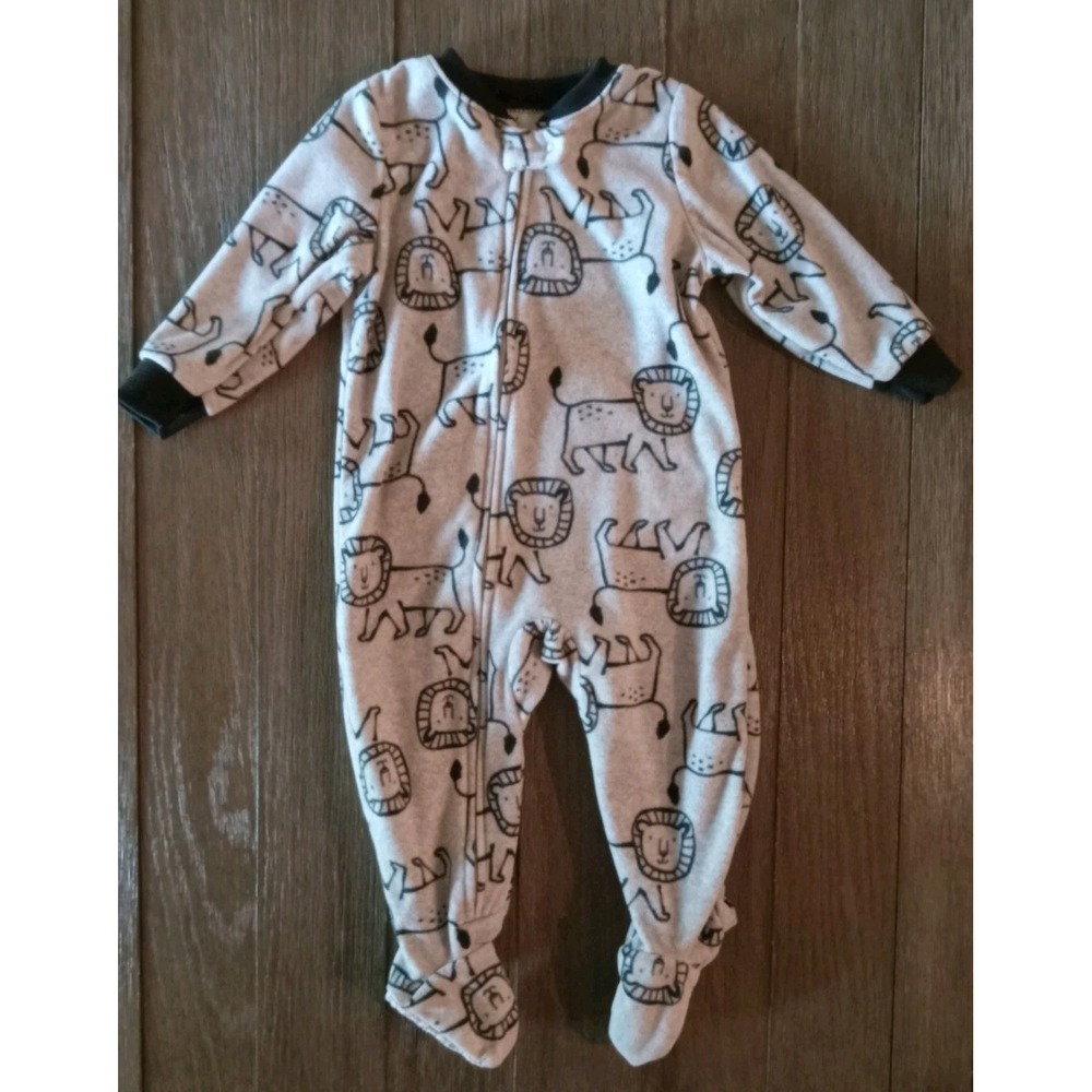 Carter's Boys 12M Gray Black Lion Fleece Zippered Long Sleeves Footie Pajama
